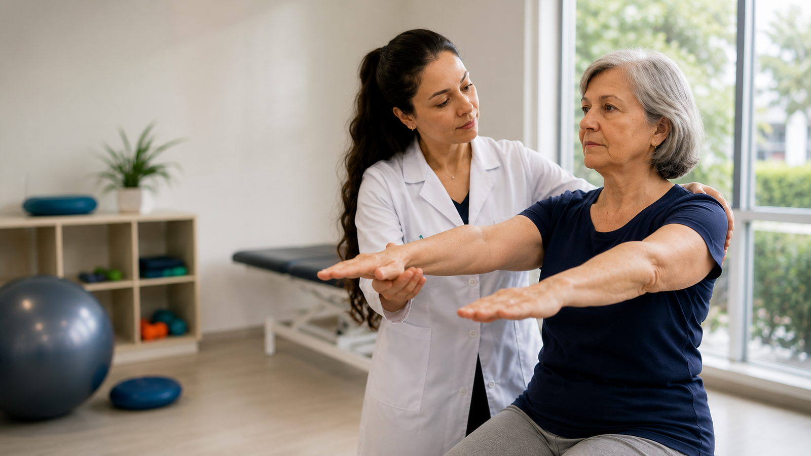 Fisioterapeuta acompanhando paciente durante atendimento de fisioterapia vestibular